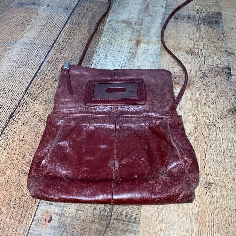 Hobo distressed maroon leather crossbody bag fold over